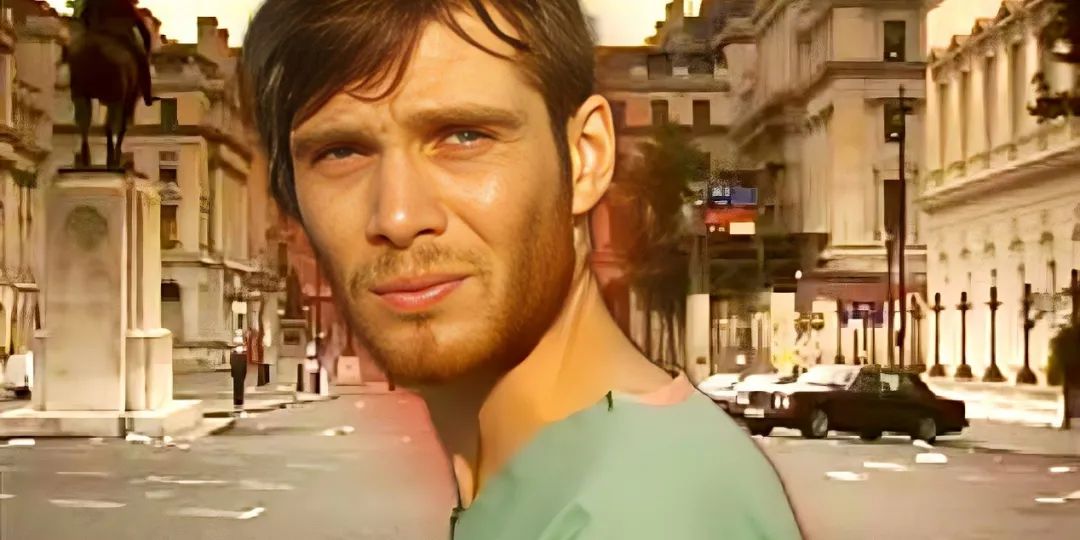 A custom image of Cillian Murphy looking serious as Jim while standing in the street in 28 Days Later with a red halo around his head